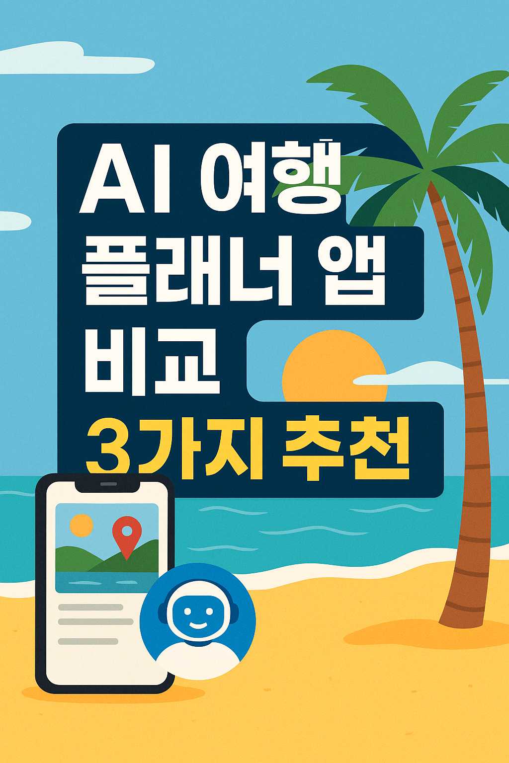AI 여행 플래너 앱 비교 - 추천 앱 3가지와 해변 배경의 스마트폰 일러스트 썸네일