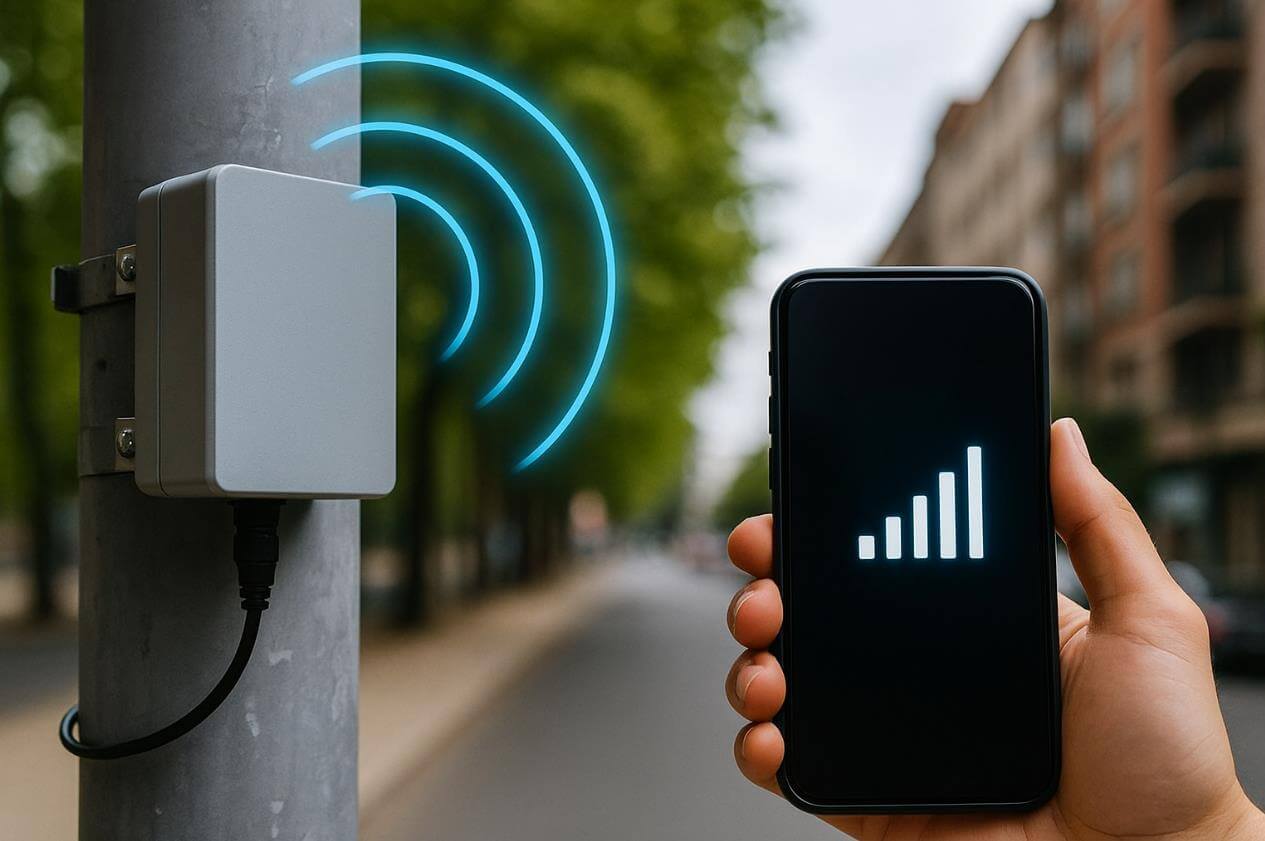 가로등에 부착된 장치에서 전파가 방출되고 스마트폰 신호가 잡히는 모습