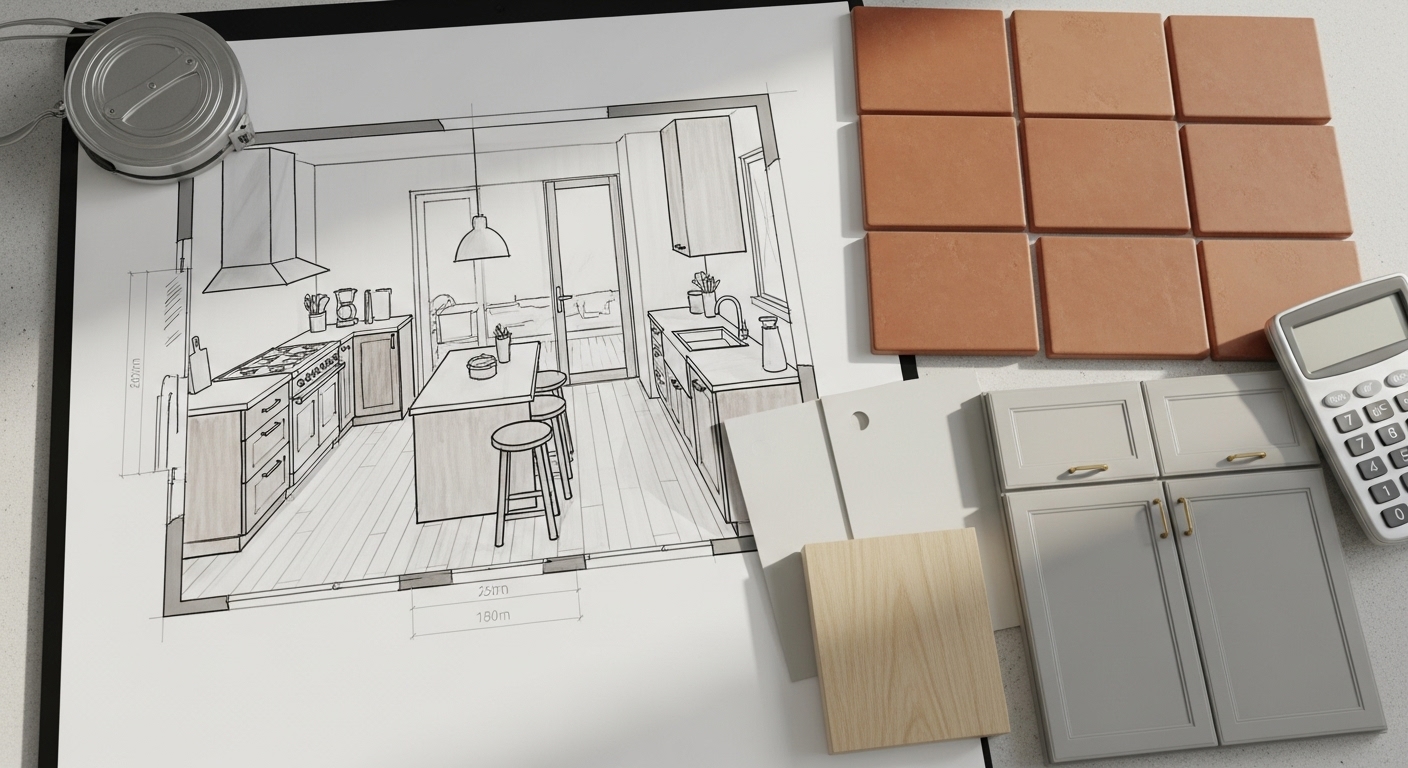 300만원 예산 주방 셀프 리모델링을 위한 상세 계획 스케치와 테라코타, 라이트그레이 자재 샘플.