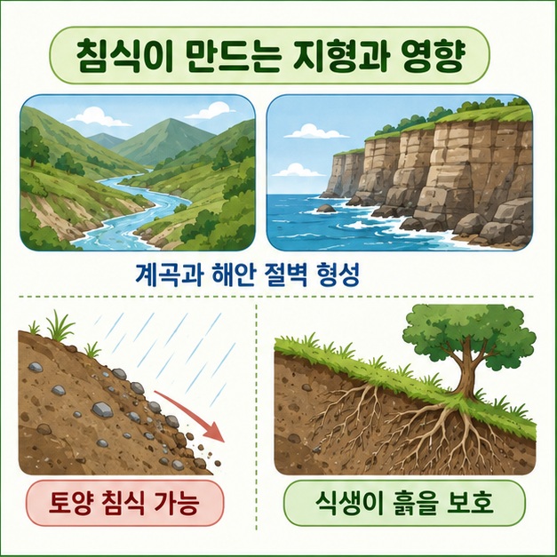 오랜 침식으로 계곡과 해안 절벽이 만들어지고 식생이 없는 경사지에서는 토양 침식이 더 쉽게 발생할 수 있음을 보여 주는 그림