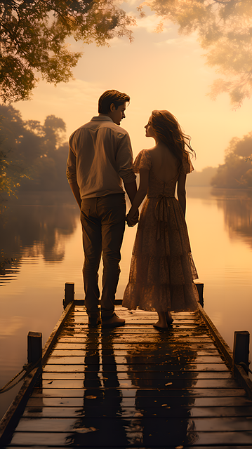 커플, 일몰 이미지.