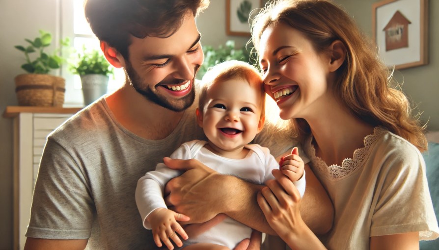 행복하게 웃고 있는 부모와 아기 사진
