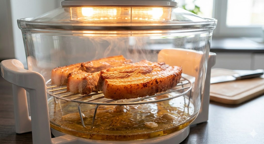 불이 켜진 광파오븐 안 철제 선반 위에서 노릇노릇하게 구워진 삼겹살 몇 조각이 김을 내며 먹음직스럽게 익어가는 중이다.