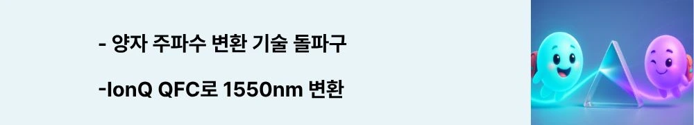 &quot;양자 주파수 변환 기술 돌파구, IonQ QFC로 1550nm 변환&quot;이라는 문구가 포함된 웹배너 이미지. 이 이미지는 아이온큐가 개발한 양자 주파수 변환(QFC) 기술로 가시광 양자 신호를 텔레콤 파장으로 변환하는 혁신적 솔루션을 시각적으로 전달하며, 블로그의 QFC 작동 원리 및 기술 성과 분석과 관련된 내용을 설명함. (quantum frequency conversion, QFC technology, wavelength conversion, PPLN crystal, photon conversion)