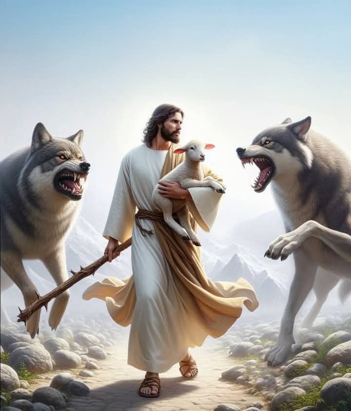 예수님이 안고 있는 양을 향해 으르렁대는 늑대 사진