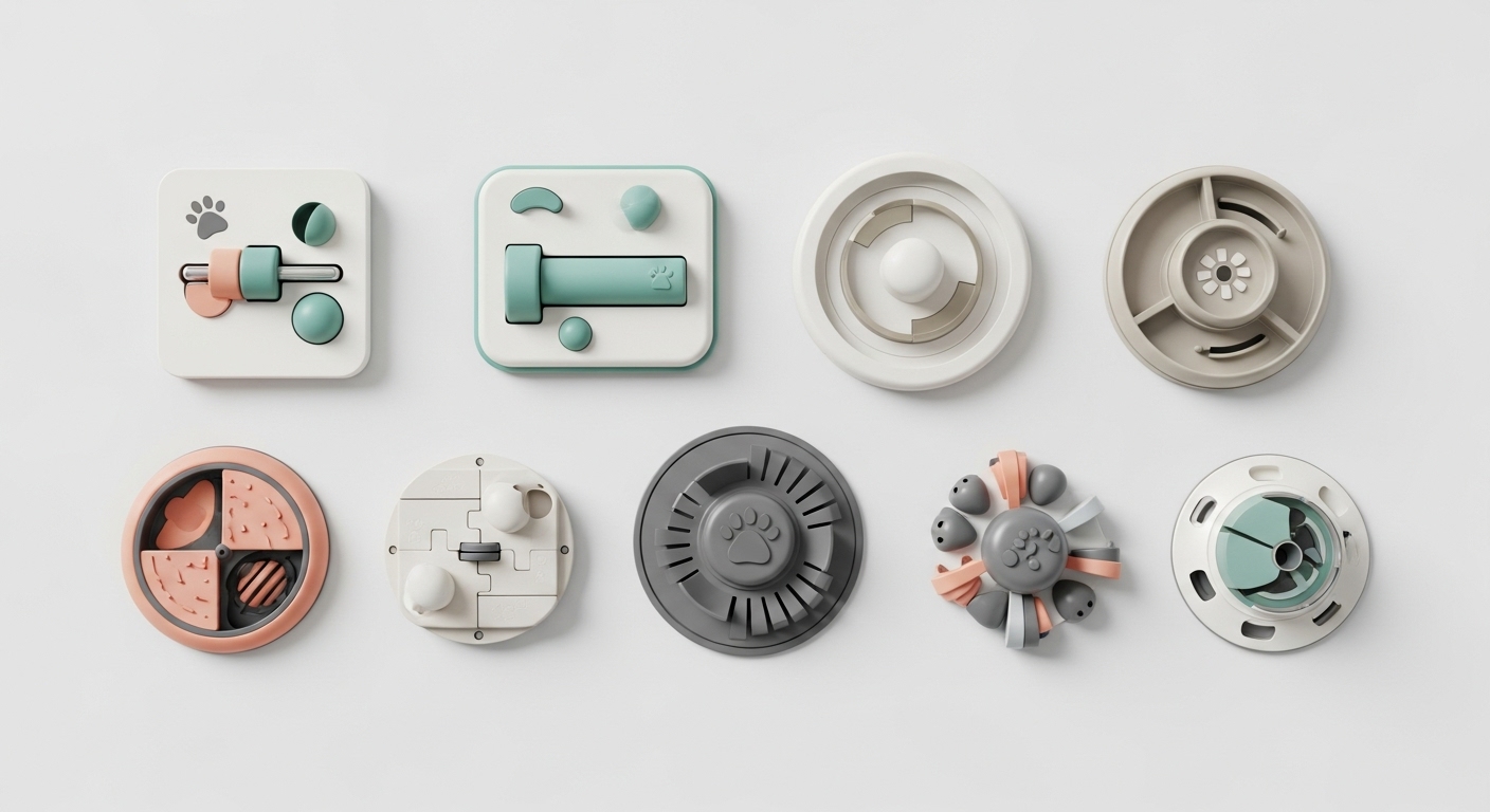 흰 배경 위에 놓인 다양한 난이도의 반려동물용 퍼즐 및 지능 장난감들