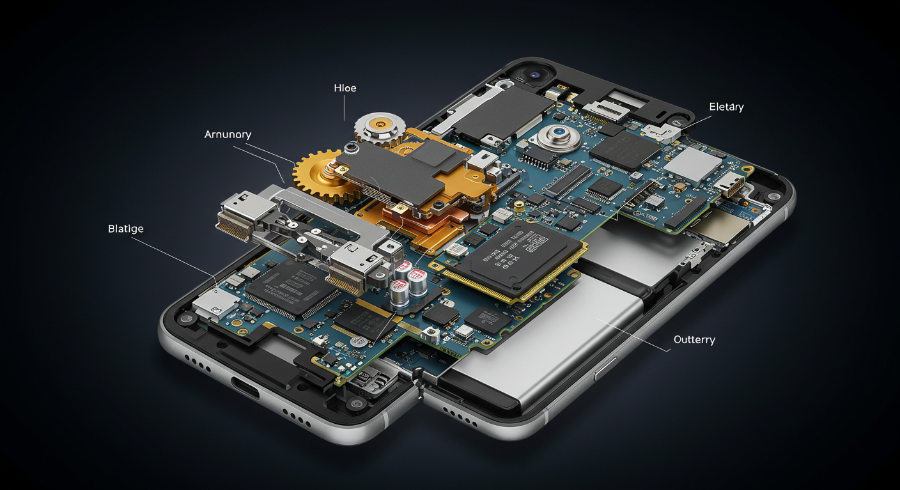 Detailed 3D illustration showing the internal components and circuit board of a smartphone device