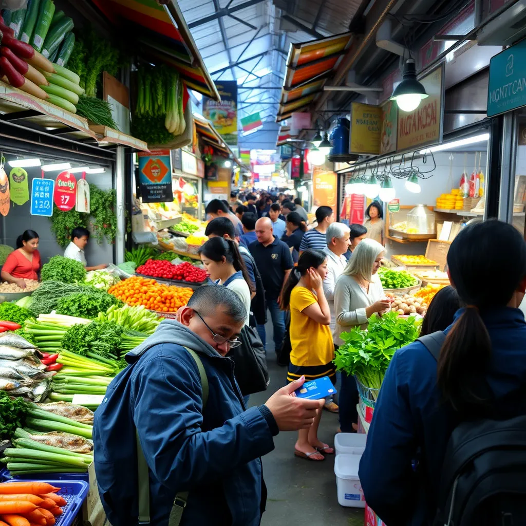 북적이는 전통시장 풍경을 생동감 있게 담아주세요. 신선한 채소와 수산물, 맛있는 길거리 음식을 파는 가게들이 보이고, 사람들이 카드로 결제하는 모습이 중심에 있습니다.