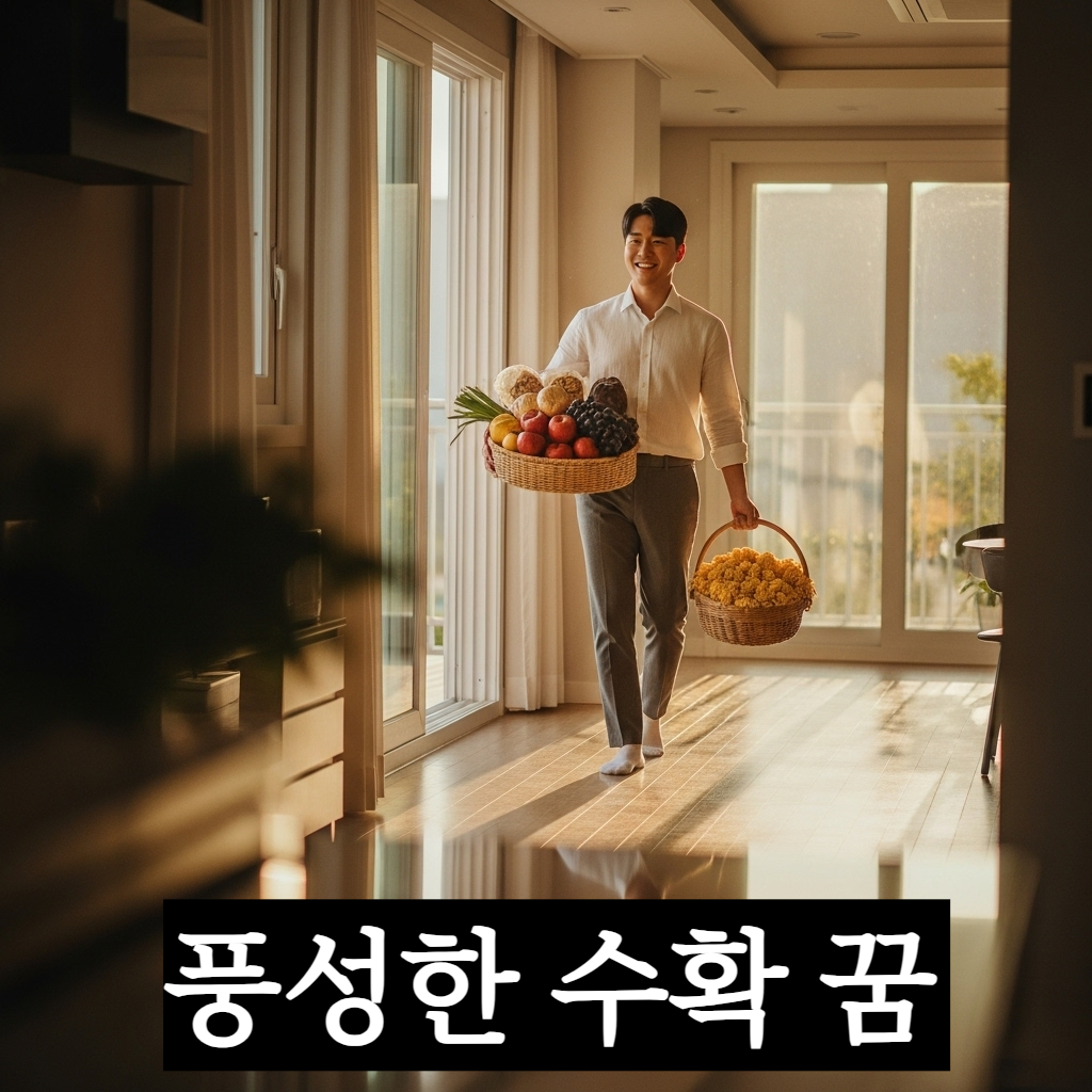 따뜻한 노을빛이 비치는 현관문 안으로 황금빛 곡식과 잘 익은 과일이 가득 담긴 커다란 바구니를 들고 웃으며 들어오는 현대적인 한국인 남성의 행복한 모습