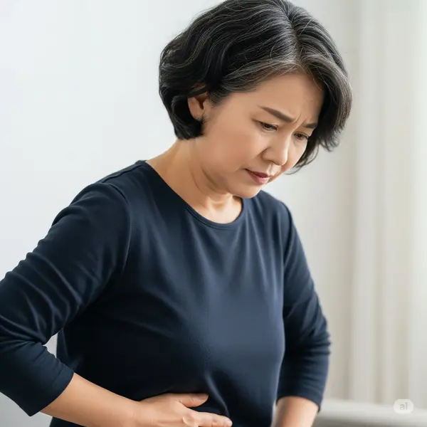복부 불편감으로 고통스러워하는 중년 여성, 야간뇨와 수면장애 관련 이미지