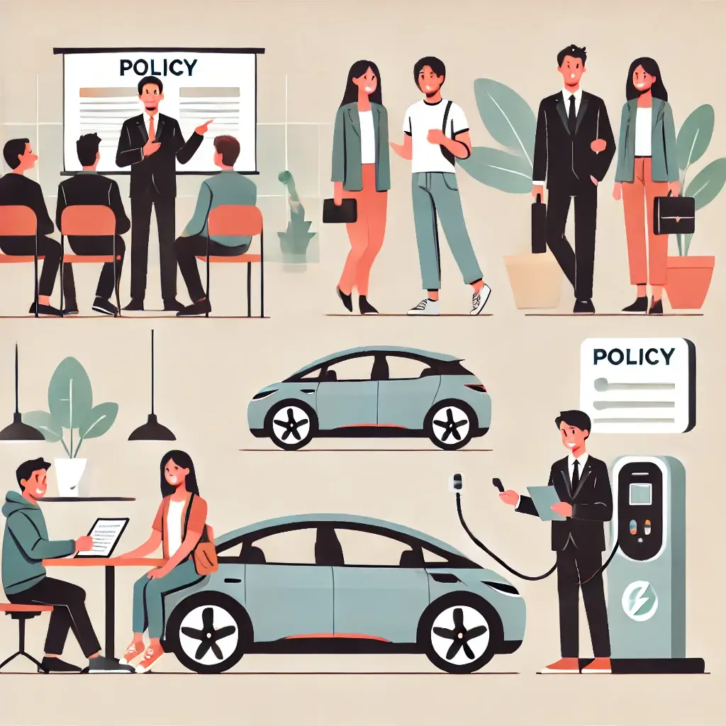 정책 발표를 듣고 있는 사람들, 전기차와 함께.