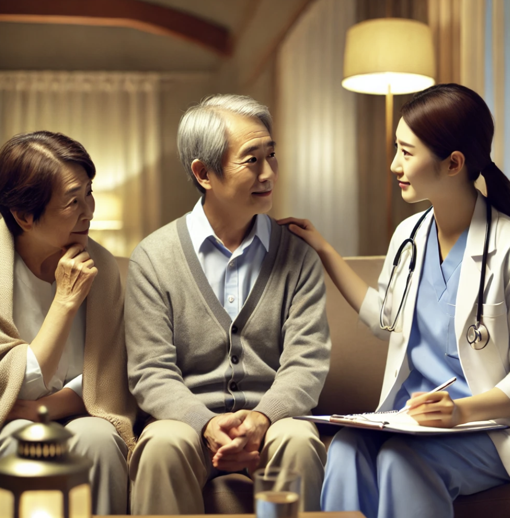 호스피스 전문의와 가족이 상담을 통해 위로와 지지를 나누는 장면