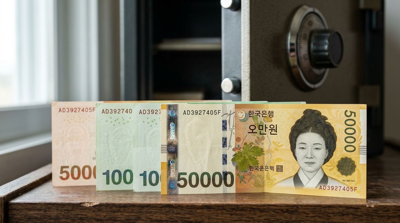 가지런히 놓인 한국 지폐 뭉치