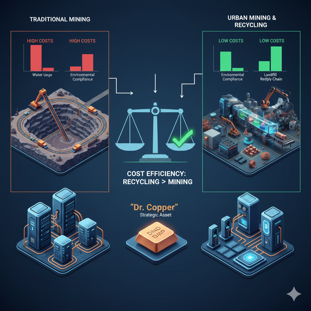 구리 리사이클링 공정과 전통적 채굴 방식의 비용 차이 비교 인포그래픽