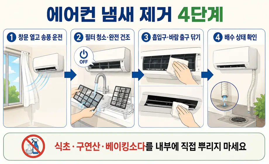 에어컨 냄새 제거를 위한 송풍 운전과 필터 청소 및 배수 확인 방법