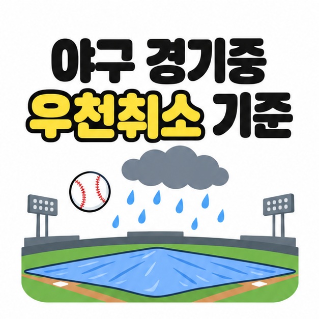 야구 경기중 우천취소 기준 제목과 비구름, 야구공, 방수포가 덮인 야구장 그림