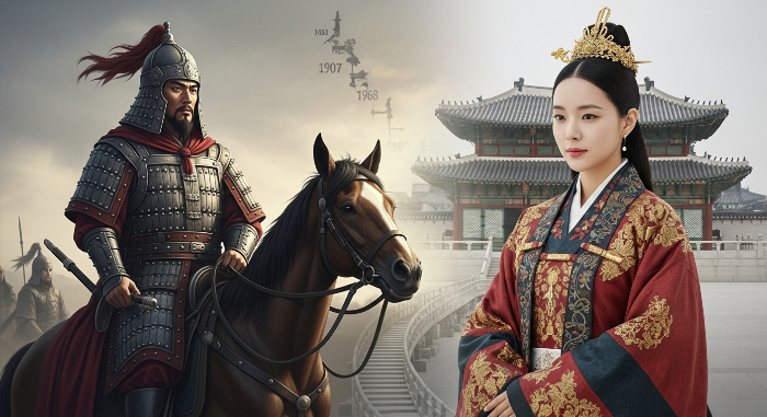 고려 시대 윤관 장군과 조선 시대 왕비를 함께 보여주는 파평 윤씨의 역사적 인물 합성 이미지.