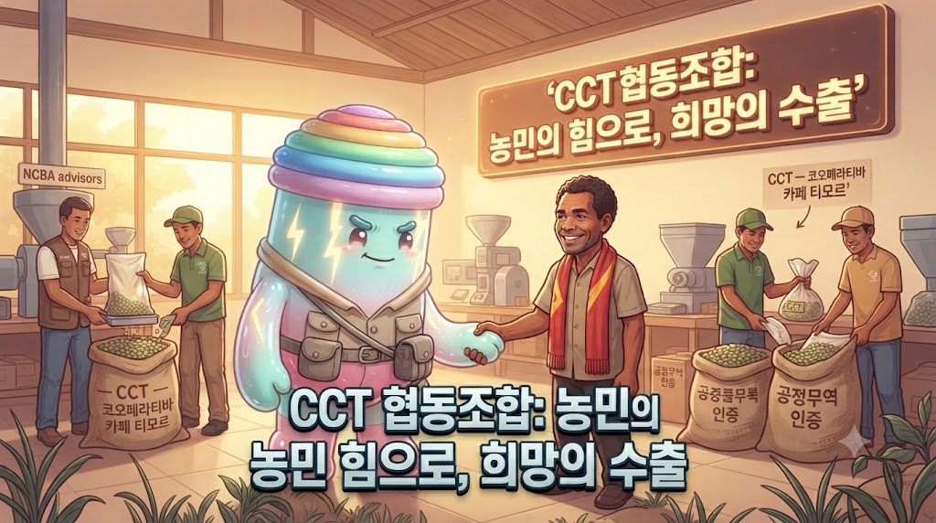1994년, 동티모르의 한 산간 마을. 3D 쫀쿠가 미국 협동조합협회(NCBA) 관계자와 함께 CCT(Cooperativa Caf&eacute; Timor) 협동조합 창립을 축하하고 있습니다. 인도네시아 점령 하의 억압적인 분위기 속에서도 450명의 농민들이 모여 처음으로 자신들의 커피를 수확하여 포장하고 있습니다. 쫀쿠는 'CCT 공정무역 인증' 마크가 찍힌 첫 번째 커피 자루에 서명하며 환하게 웃고 있습니다.