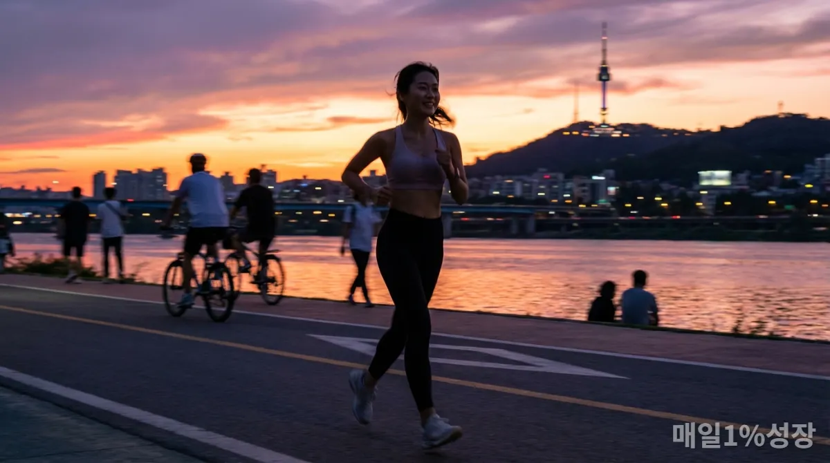 한강을 따라 조깅하며 스트레스를 해소하는 한국 여성
