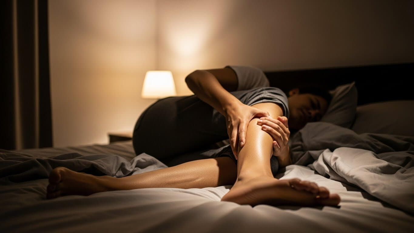 Person waking up at night holding calf muscle showing leg cramps at night symptoms
