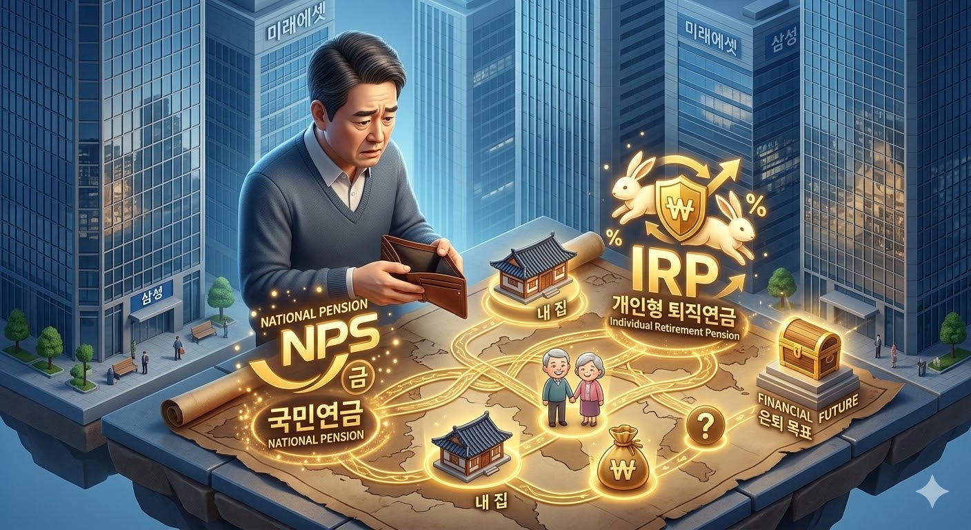 화려한 강남 아파트 숲을 배경으로, 텅 빈 지갑을 보며 한숨 짓는 신사. 그 위로 '월 1,000만 원 연금 지도'가 황금빛으로 빛나는 3D 일러스트