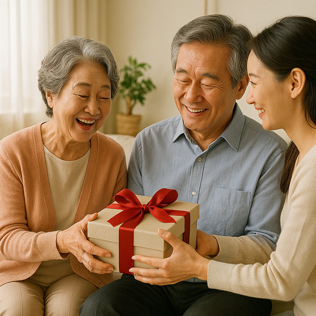 부모님이 선물을 받고 감동하며 웃는 순간을 포착한 따뜻한 장면