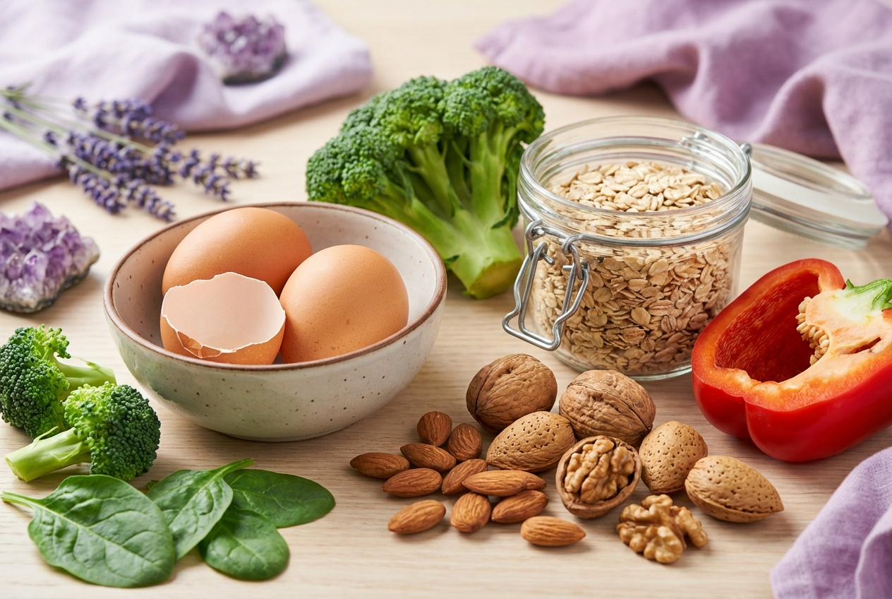 달걀, 견과류, 귀리, 브로콜리, 파프리카 등 비오틴이 풍부한 식재료를 나무 테이블 위에 정갈하게 배치한 원료 식품 이미지