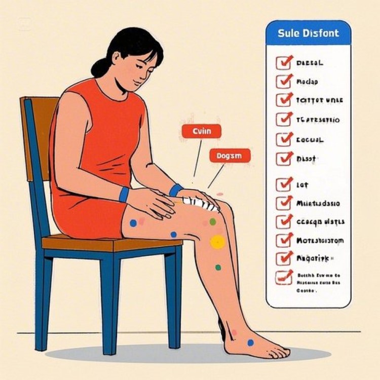 "발바닥 자가진단을 하고 있는 사람의 모습을 보여주는 일러스트레이션. 한 사람이 의자에 앉아 발을 무릎 위에 올리고 발바닥을 손으로 눌러보고 있는 장면. 발바닥 부위별로 체크포인트가 색깔별 점으로 표시되어 있고, 옆에는 자가진단 체크리스트가 표시된 깔끔하고 친근한 의료 인포그래픽 스타일."