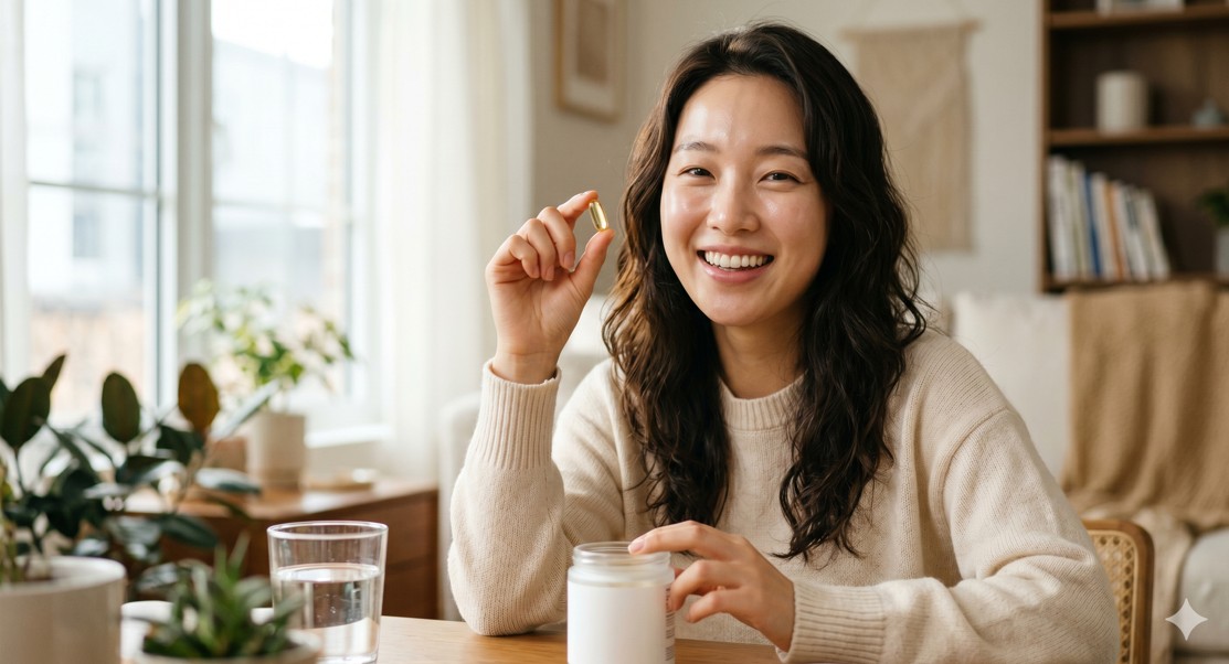 건강한 피부를 가진 여성이 영양제 캡슐을 들고 웃는 모습