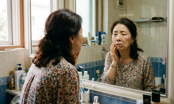 구안와사에 노출되어 거울을 보고 병변을 만져보고 있는 사진
