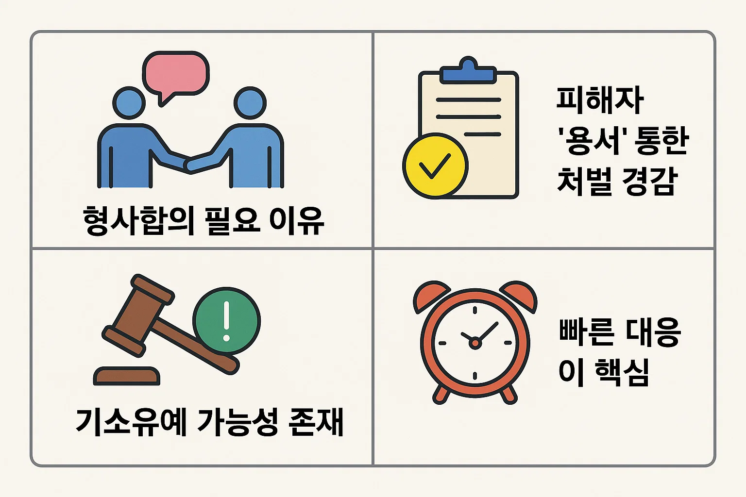 피해자 용서 확보, 빠른 대응, 기소유예 가능성 등 미가입 사고 시 형사 리스크를 줄이는 핵심 요인을 정리한 인포그래픽