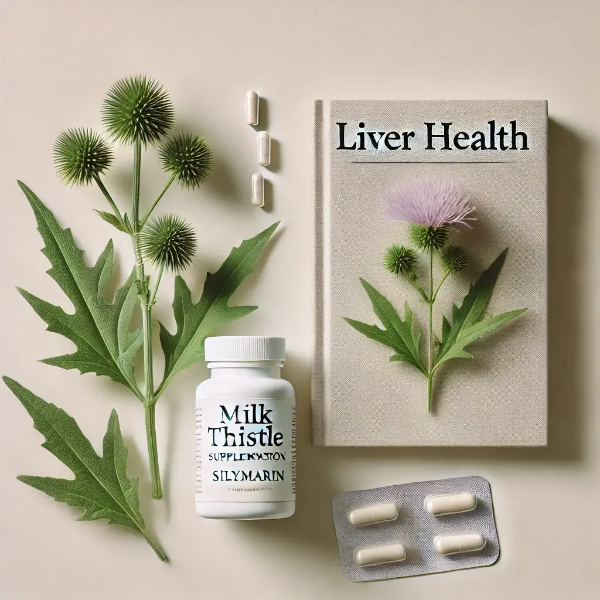 밀크씨슬 보충제, 간 건강 노트, 밀크씨슬 꽃이 놓인 스튜디오컷