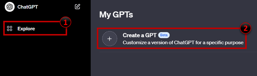 chatGPT 페이지에서 "Explore" 버튼을 누르고 그 다음 "Create a GPT" 버튼을 누릅니다.