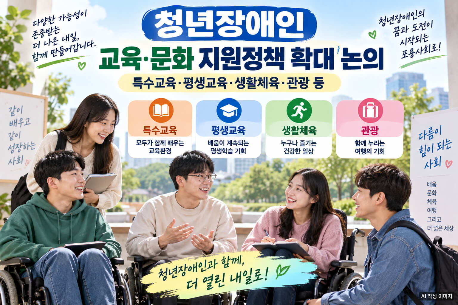 청년장애인의 특수교육·평생교육·생활체육·관광 등 교육·문화 지원정책 확대 논의를 안내하는 이미지