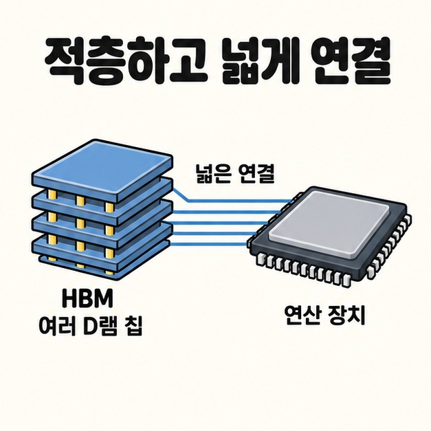 여러 D램 칩이 쌓인 HBM과 옆의 연산 장치를 여러 평행선으로 연결해 적층 구조와 넓은 데이터 연결을 보여주는 그림