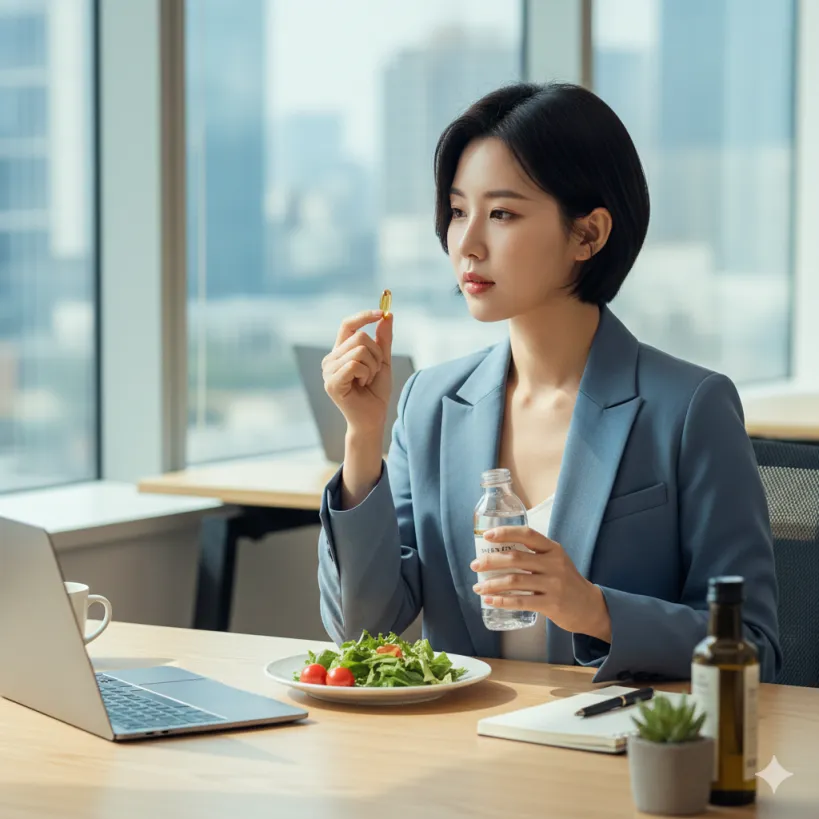 식후 라이코펜 영양제 복용하는 한국인 직장인