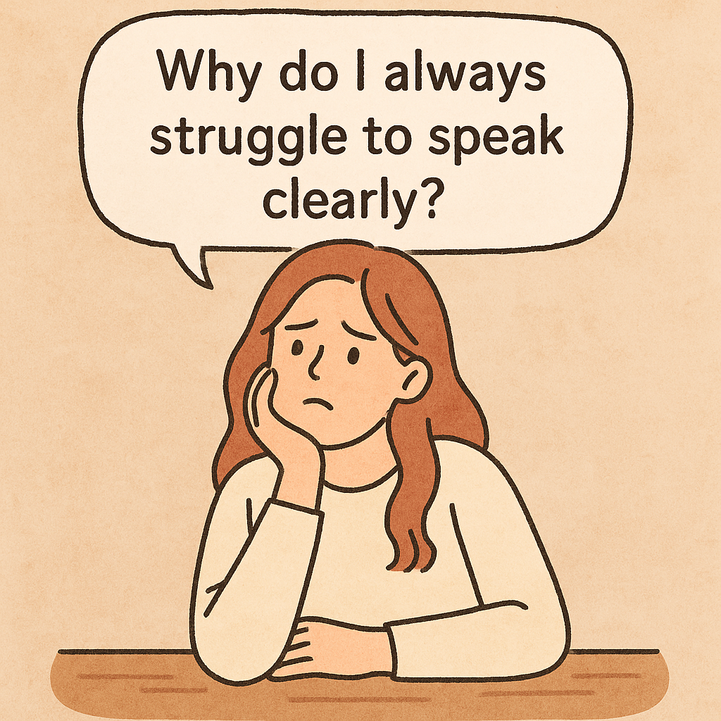 긴 갈색 머리의 여성이 나무 테이블에 팔꿈치를 괴고 앉아, 말풍선 속에 'Why do I always struggle to speak clearly?'라는 문장을 띄운 채 고민스러운 표정을 짓고 있는 모습. 따뜻한 베이지 배경과 간결한 선으로 그려진 감성적인 손그림 스타일의 일러스트