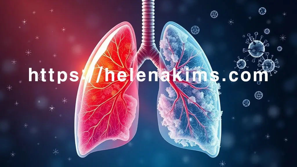 폐의 한쪽은 건강하고 활기찬 모습, 다른 한쪽은 차갑고 건조한 겨울 공기와 위협적인 바이러스 입자들에 의해 취약해진 모습.