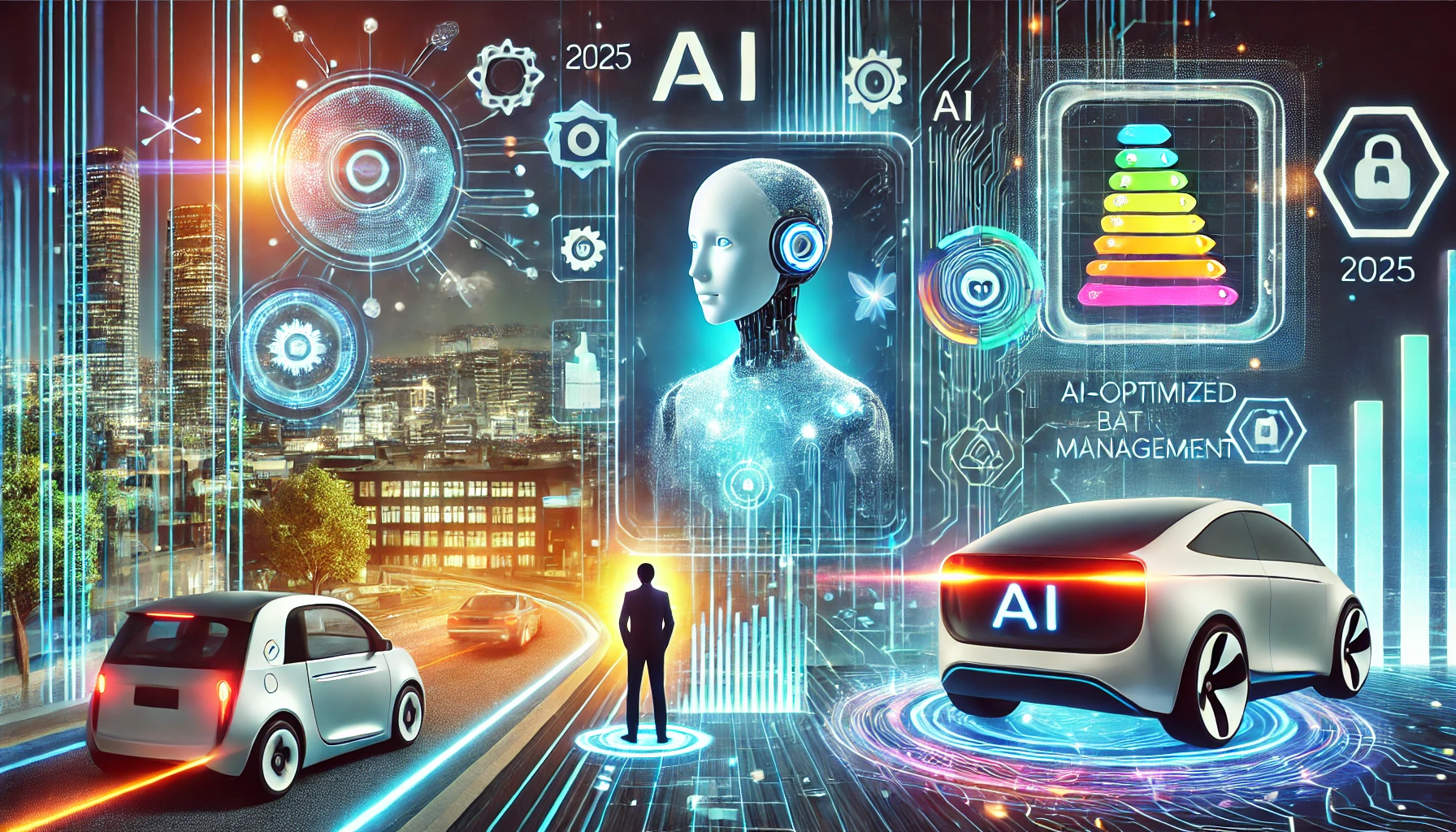 첨단 AI 에이전트, 배터리 관리, 시스템 자율 주행 자동차 등이 포함된 미래지향적 도시 환경을 보여줍니다.