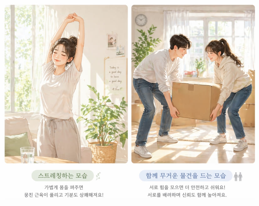 스트레칭하는 모습과 함께 무거운 물건을 드는 모습