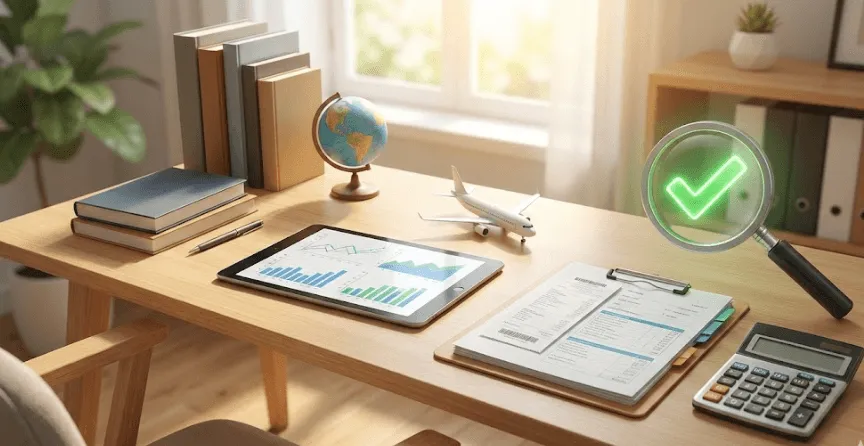 종합소득세 필요경비: "햇살이 비치는 밝고 정돈된 책상 위에 교육용 서적, 비행기 모형, 영수증 자료, 그리고 초록색 체크 표시가 나타난 돋보기가 놓여 있는 모습. 교육비와 여행비의 세무조사에 대비하여 직무 연관성과 출장 일정을 증빙하는 객관적인 자료 준비의 중요성을 상징하는 비즈니스 대표 이미지.”