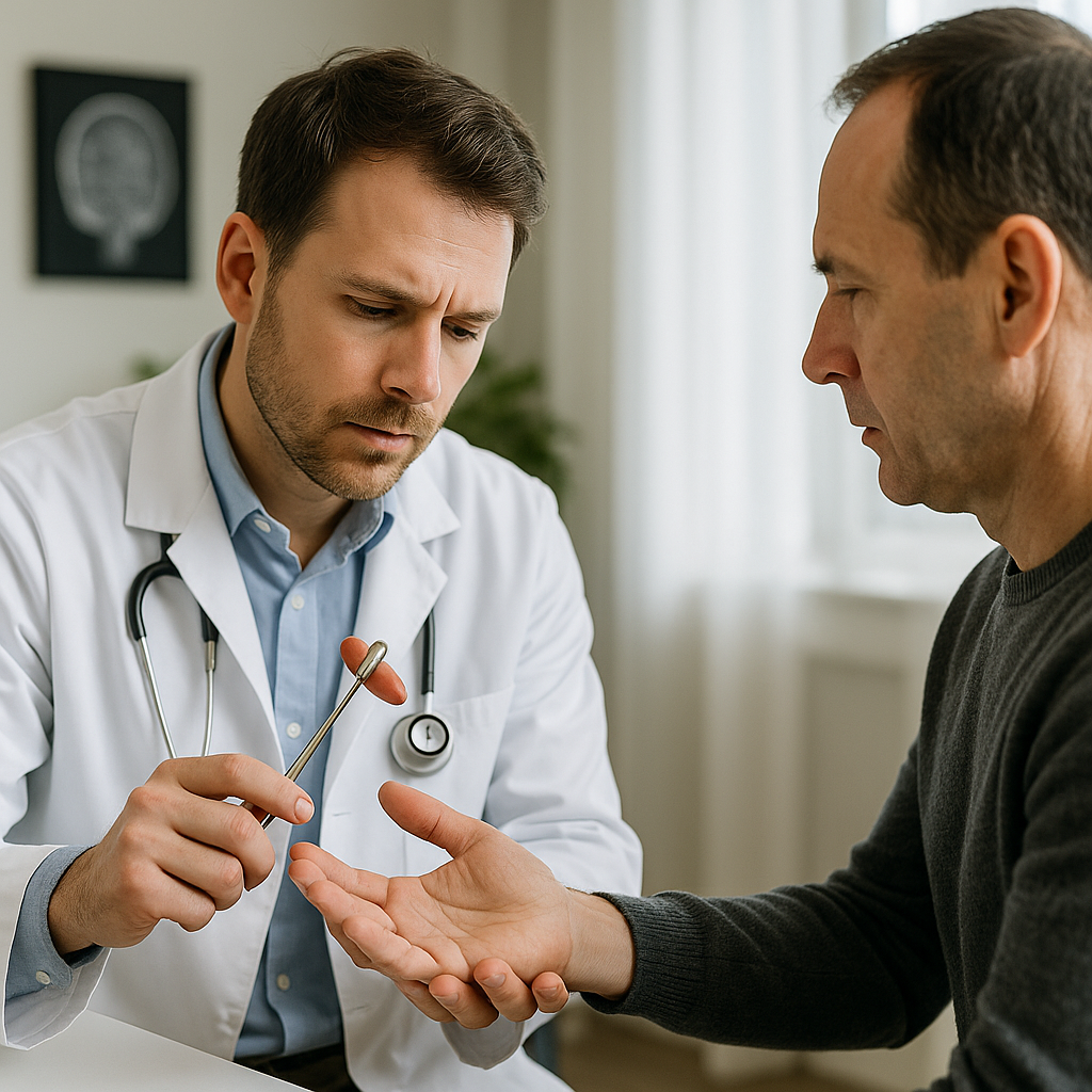 신경과 진료 중 의사가 환자의 손을 정밀 검사하는 장면