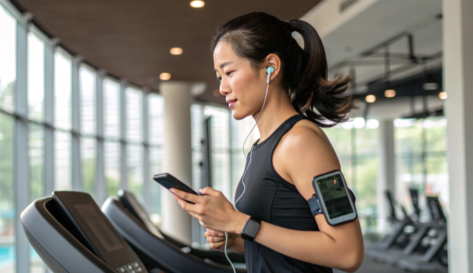스마트기기를 착용한 젊은 여성이 러링머신에서 운동을 하고있다