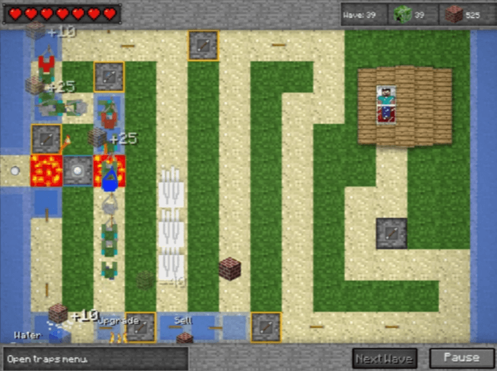 마인크래프트-디펜스-플래시게임-플레이-타워를-설치하여-적을-처치하고-점수를-획득하는-화면