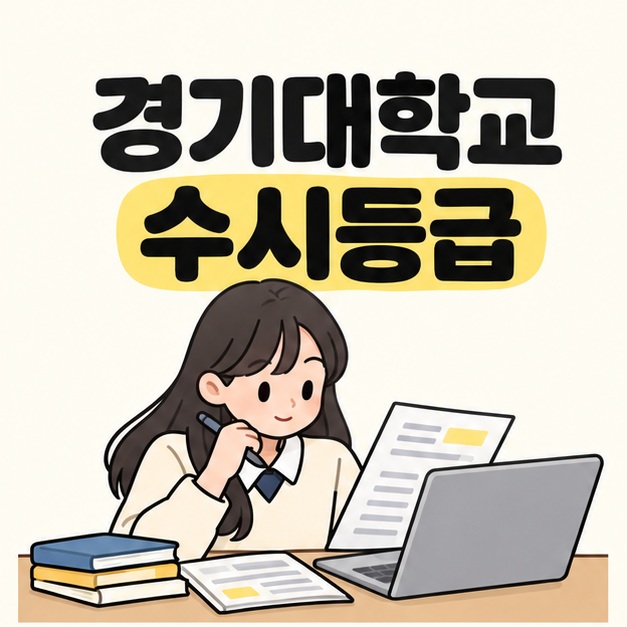 경기대학교 수시등급 제목 아래에서 학생이 노트북과 성적 자료를 살펴보는 모습