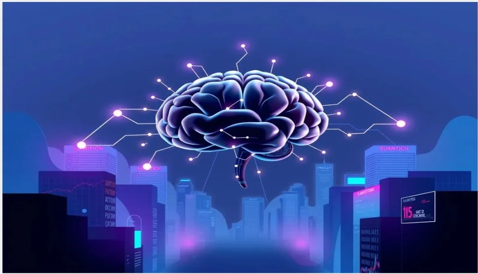 인공지능 두뇌와 디지털 네트워크가 금융 도시를 혁신하는 미래적 이미지