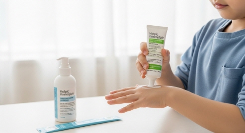 어린이가 아토피로션을 바르는 모습 