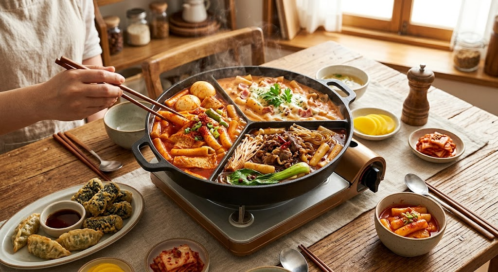 매콤한 오리지널 빨간 떡볶이, 부드러운 핑크빛의 로제 떡볶이, 그리고 얼얼한 마라 소스가 어우러진 마라 떡볶이 등 여러 가지 맛의 즉석 떡볶이가 냄비 가득 먹음직스럽게 담겨 있는 모습. 후추와 파슬리 가루가 뿌려져 있어 전문점 배달 음식 못지않은 비주얼을 자랑합니다.