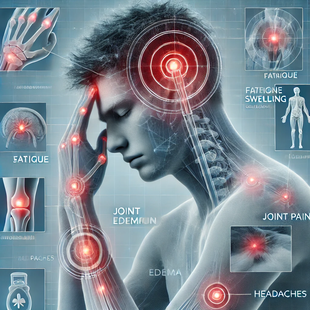 만성 염증의 대표적인 증상(피로, 부종, 관절통, 두통)을 시각적으로 표현한 의료 일러스트