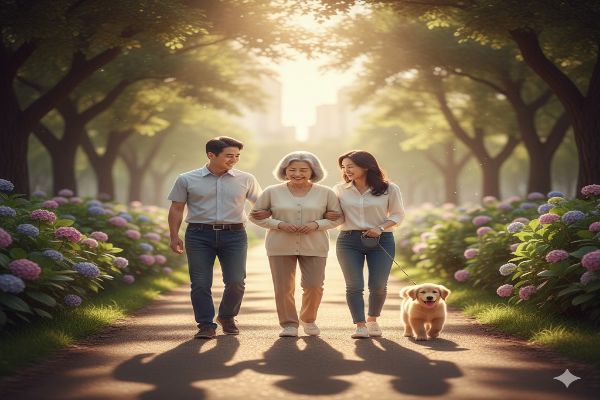 보호자가 가족 그리고 다른 반려견과 함께 산책하며 미소 짓는 장면입니다. 치유와 회복의 따뜻한 분위기를 강조하였습니다.